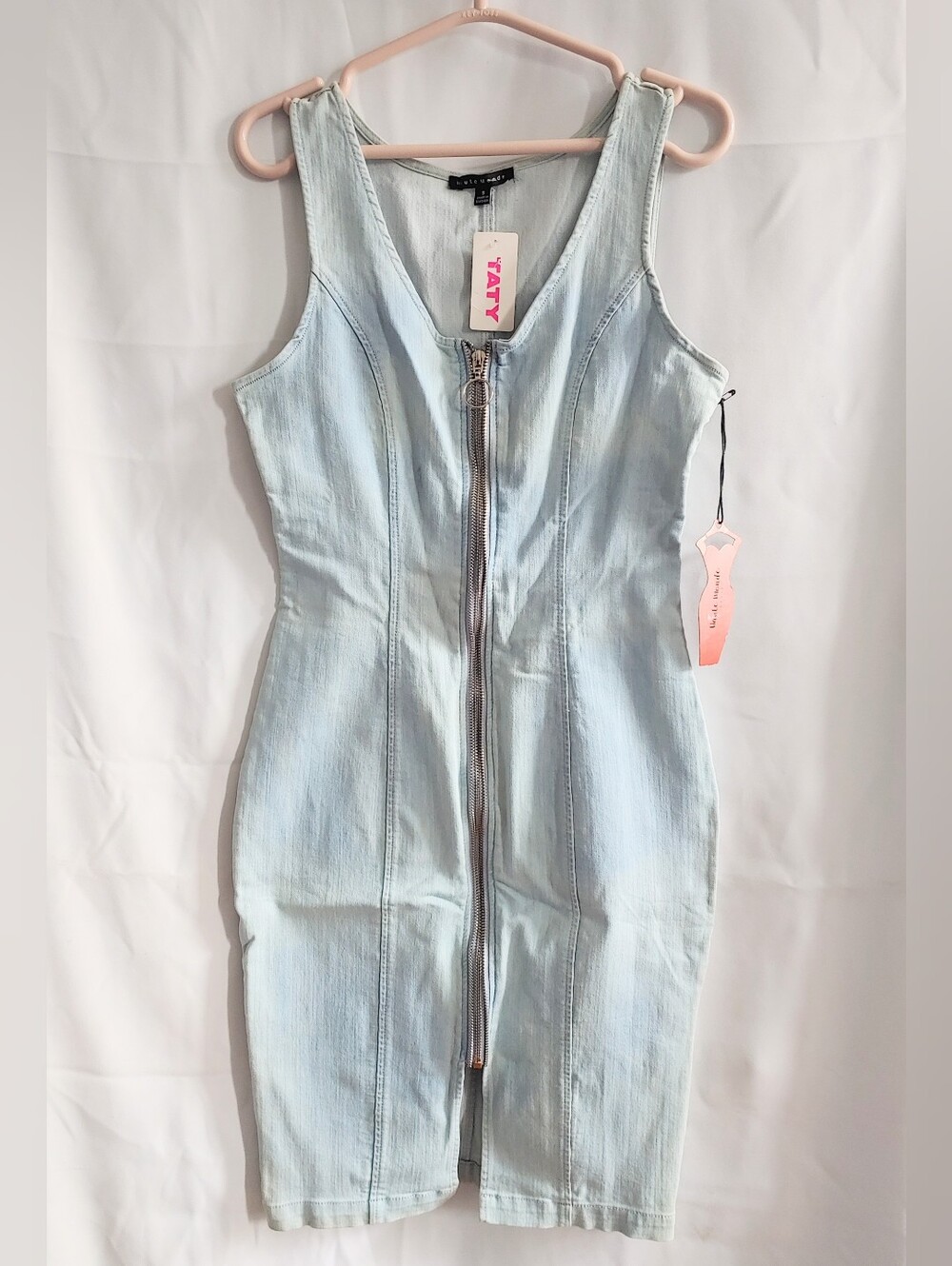 Haute Monde Light Blue Stretch Denim "Bodycon" Zip-Front Tank Dress, S (~4-6)